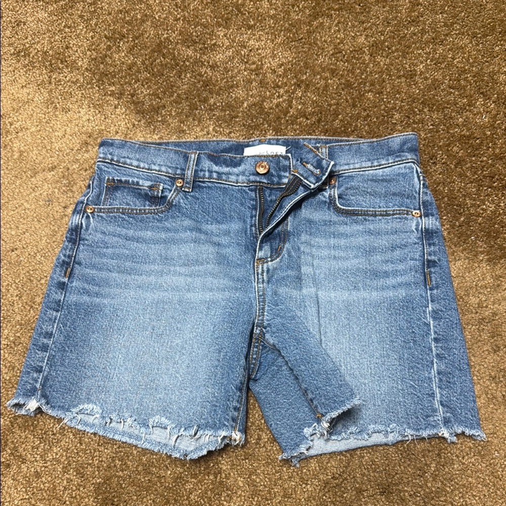 LOFT Blue Jean Shorts with Frayed Hem and Mid-Rise Fit